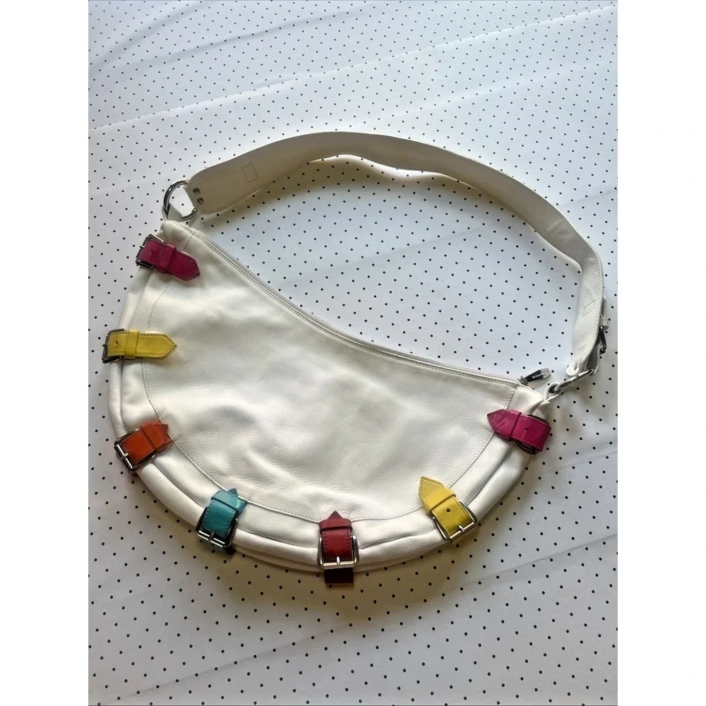 B. Berge‎ Italy White Leather Rainbow Buckle Hobo Shoulder Bag Y2K Made in Italy